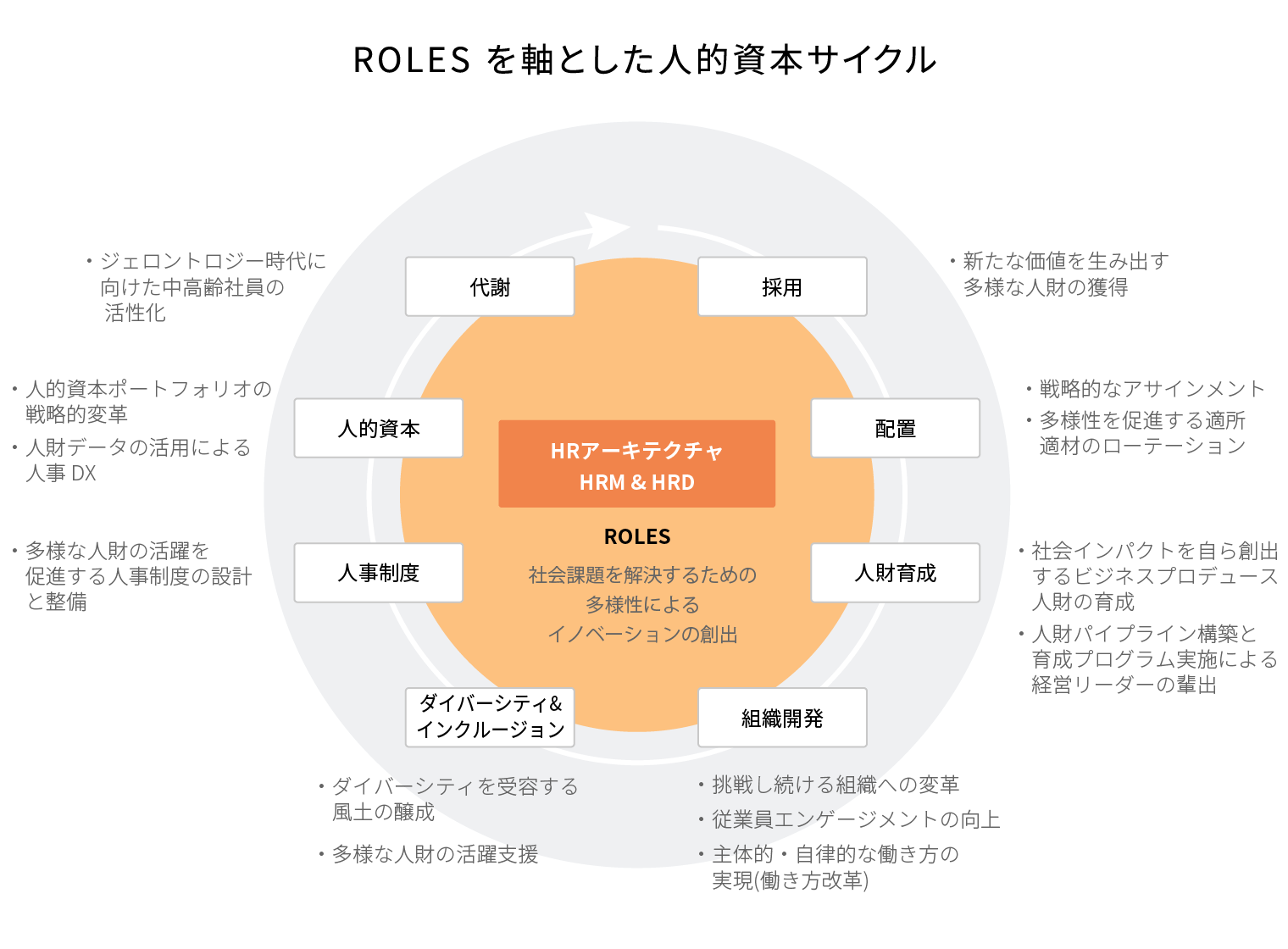 ROLES を軸とした人的資本サイクル、代謝・ジェロントロジー時代に向けた中高齢社員の活性化、採用・新たな価値を生み出す多様な人財の獲得、配置・戦略的なアサインメント・多様性を促進する適所適材のローテーション、人財育成・社会インパクトを自ら創出するビジネスプロデュース人財の育成・人財パイプライン構築と育成プログラム実施による経営リーダーの輩出、組織開発・挑戦し続ける組織への変革・従業員エンゲージメントの向上・主体的・自律的な働き方の実現(働き方改革)、ダイバーシティ& インクルージョン・ダイバーシティを受容する風土の醸成・多様な人財の活躍支援、人事制度・多様な人財の活躍を促進する人事制度の設計と整備、人的資本・人的資本ポートフォリオの 戦略的変革・人財データの活用による人事 DX