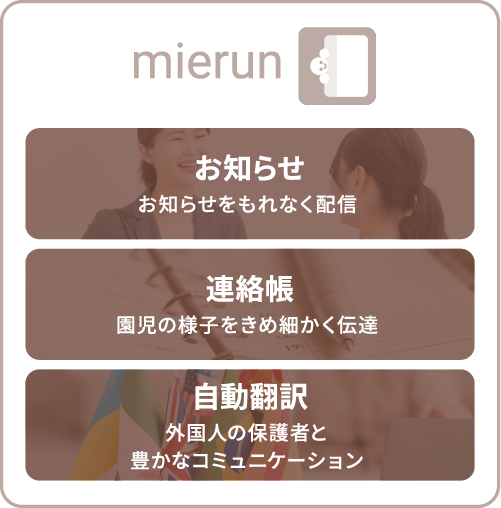 mierun機能：お知らせ、連絡帳、自動翻訳