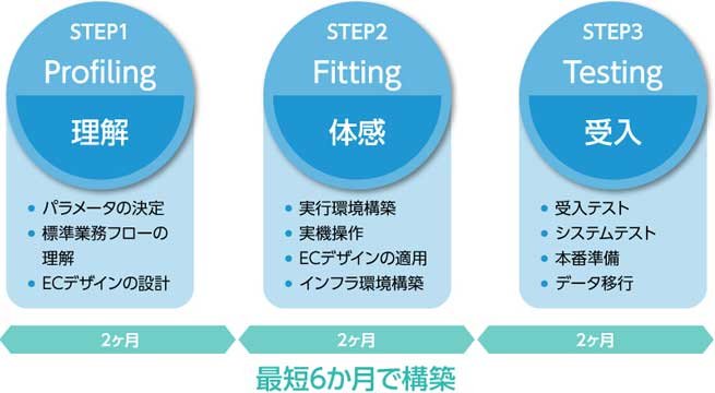 alt="導入STEP1 理解＞STEP2 体感＞STEP3 受入 最短6ヶ月で構築"