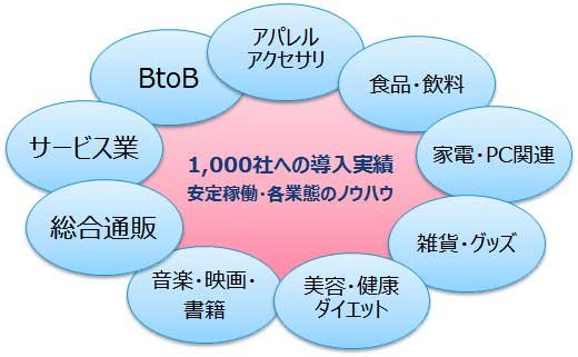 1000社への導入実績、安定稼働・各業態のノウハウ：アパレル アクセサリ、書k品・飲料、家電・PC関連、雑貨・グッズ、美容・健康ダイエット、音楽・映画・書籍、総合通販、サービス業、BtoB