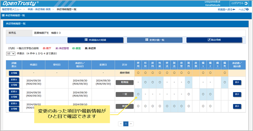 履歴一覧・変更箇所の可視化画面