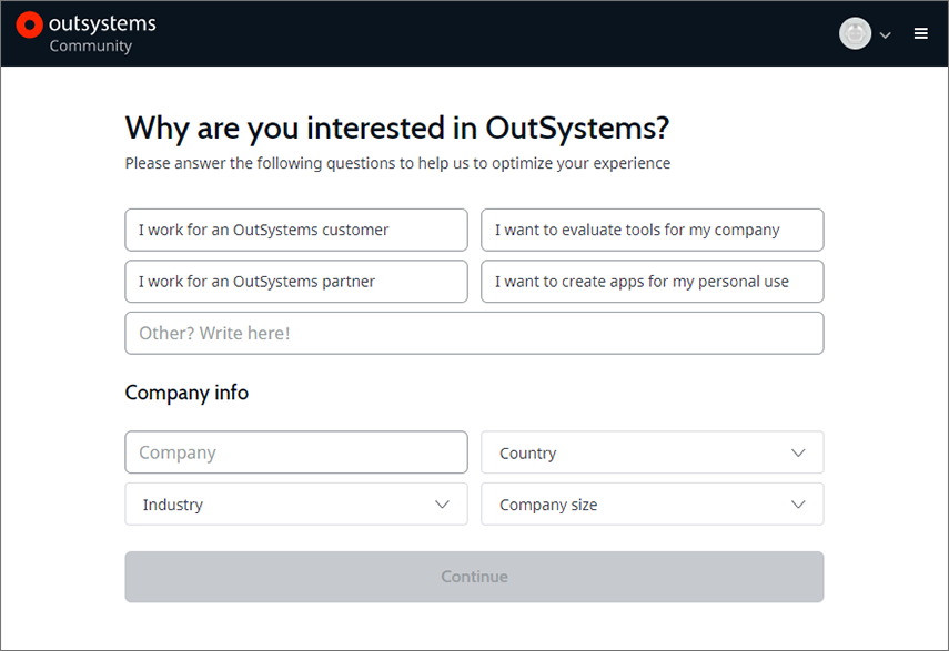 Outsystemsに関心がある理由と会社情報入力画面