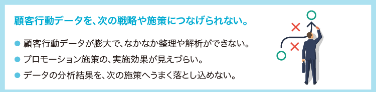 顧客行動データを次の戦略や施策につなげられない。・顧客行動データが膨大で、なかなか整理や解析ができない ・プロモーション施策の実施効果が見えづらい ・データの分析結果を次の施策へうまく落とし込めない