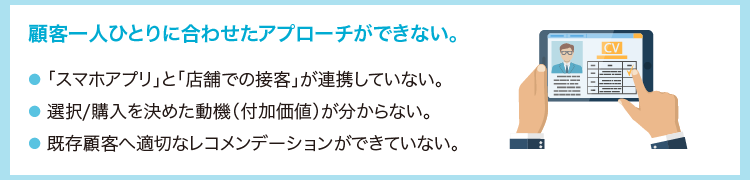顧客一人ひとりに合わせたアプローチができない。・スマホアプリと店舗での接客が連携していない ・選択/購入を決めた動機(付加価値)が分からない・既存顧客へ適切なレコメンデーションができていない