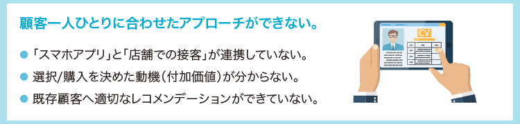 顧客一人ひとりに合わせたアプローチができない。・スマホアプリと店舗での接客が連携していない ・選択／購入を決めた動機（付加価値）が分からない・既存顧客へ適切なレコメンデーションができていない