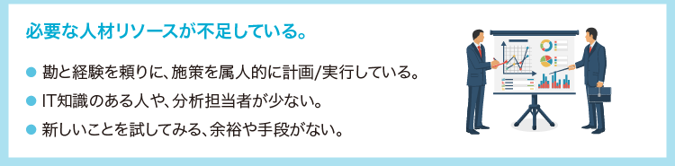 必要な自在リソースが不足している。　・勘と経験を頼りに施策を属人的に計画／実行している ・IT知識のある人や分析担当者が少ない ・新しいことを試してみる余裕や手段がない