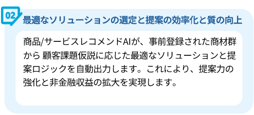 導入効果：商品/サービスレコメンドAIが顧客課題に応じた最適なソリューションを自動出力し、提案力を強化