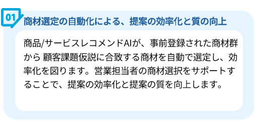 導入効果：商品/サービスレコメンドAIが顧客課題に合致するソリューションを自動選定し、提案の効率化と質の向上を図る
