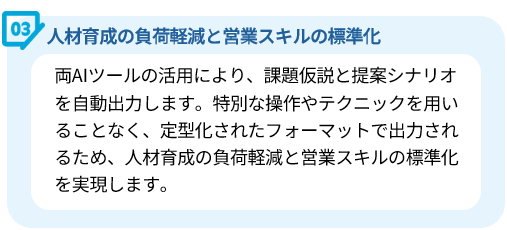 導入効果：AIツールを活用し、課題仮説と提案シナリオを自動出力することで、営業スキルの標準化と人材育成の負荷軽減を実現