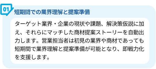 導入効果：ターゲット業界の現状や課題に基づき、商材提案ストーリーを自動出力し、短期間で業界理解と提案準備を支援する