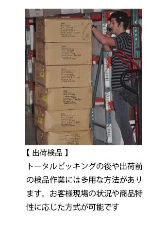 【 出荷検品 】 トータルピッキングの後や出荷前の検品作業には多用な方法があります。お客様現場の状況や商品特性に応じた方式が可能です