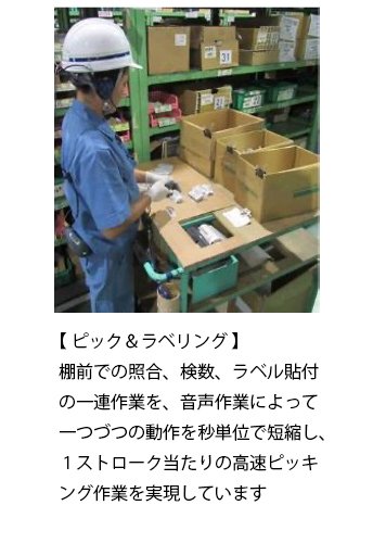 【 ピック＆ラベリング 】 棚前での照合、検数、ラベル貼付の一連作業を、音声作業によって一つづつの動作を秒単位で短縮し、１ストローク当たりの高速ピッキング作業を実現しています。