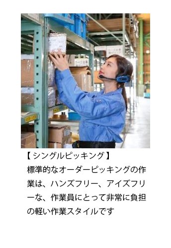 【 シングルピッキング 】 標準的なオーダーピッキングの作業は、ハンズフリー、アイズフリーな、作業員にとって非常に負担の軽い作業スタイルです。